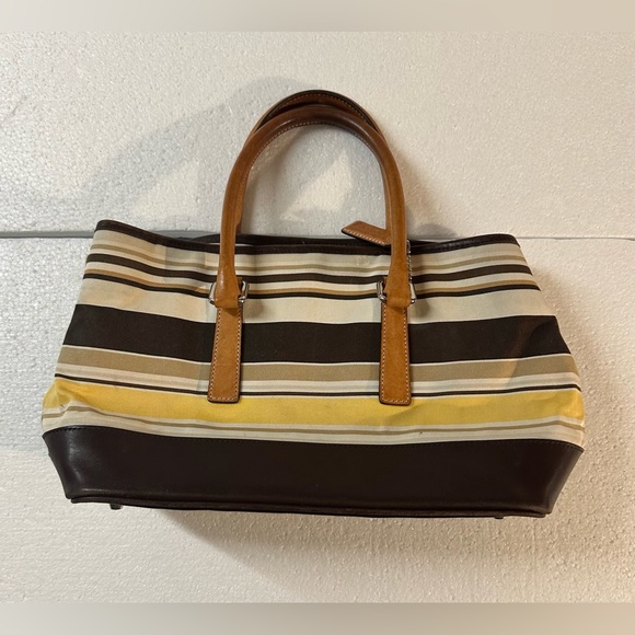 Vintage Rare Coach Leather Canvas Striped Brown Yellow & Tan Satchel Bag. - Picture 6 of 6